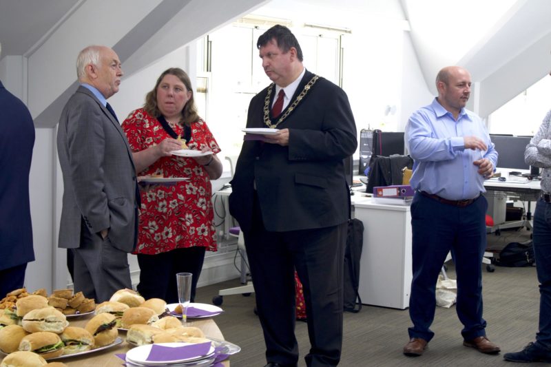 Wayne David and Caerphilly Borough Deputy Mayor Julian Simmonds at the official opening of the new offices of Simply Factoring Brokers in Caerphilly