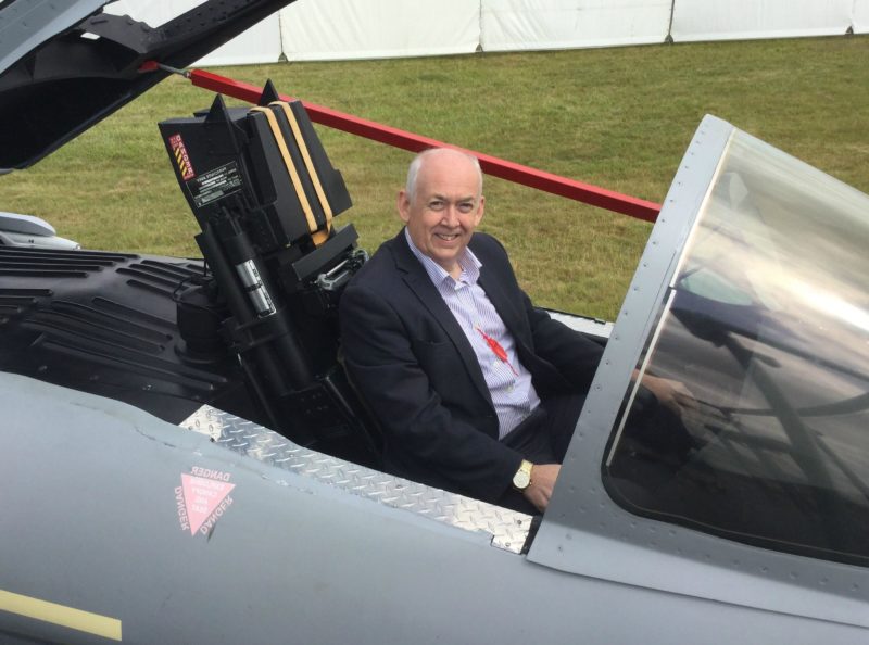 Wayne David in the cockpit of a mock Typhoon aircraft at the Farnborough International Air Show