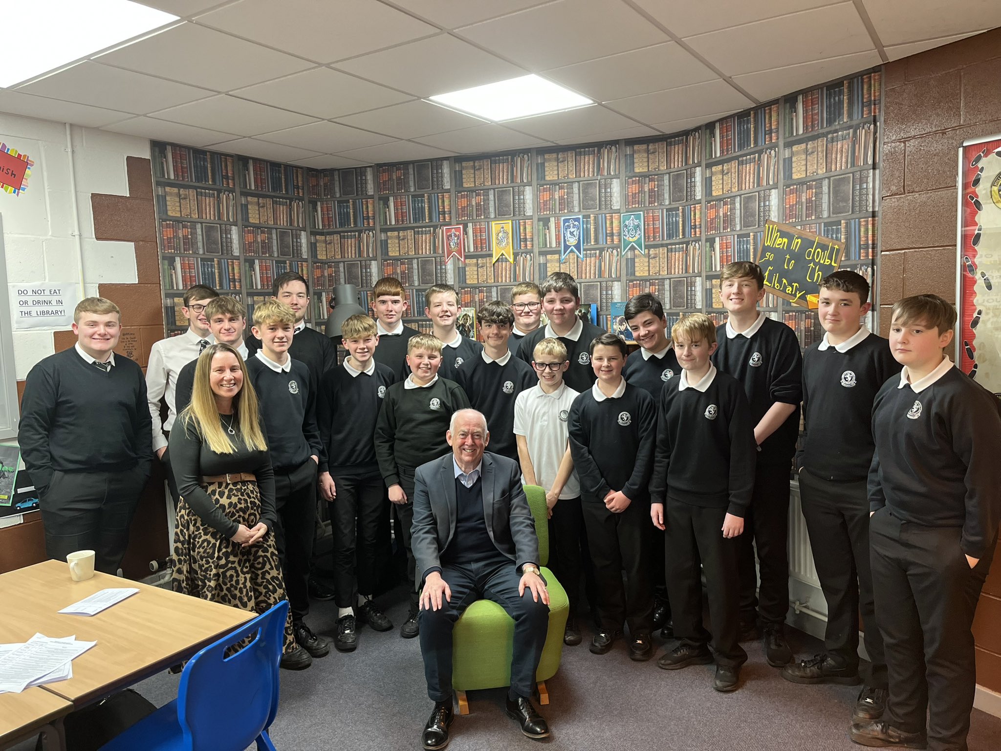 Wayne David, Labour MP for Caerphilly, with students of Lewis School Pengam and their teacher Mrs Jenkins